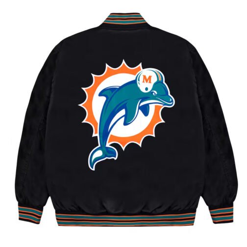 Miami Dolphins Aqua and Orange Rib Bomber Black Jacket - Image 2