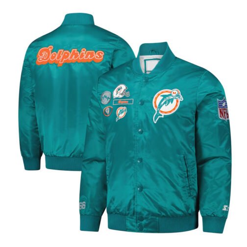 Miami Dolphins Exclusive Aqua Varsity Satin Jacket - Image 3