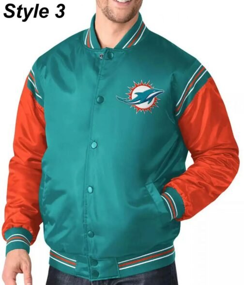 Bomber Miami Dolphins Teal Green Satin Jacket - Image 3
