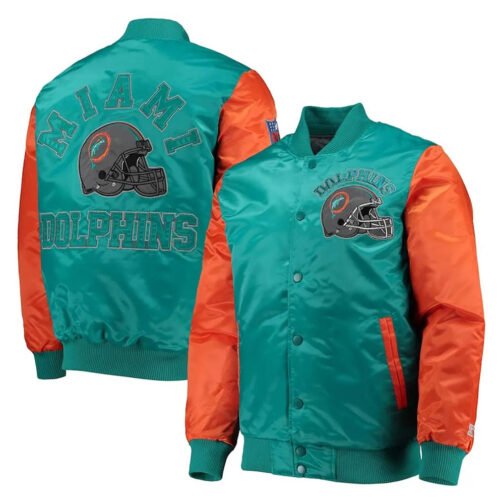 Miami Dolphins Locker Room Throwback Varsity Satin Aqua/Orange Jacket - Image 3