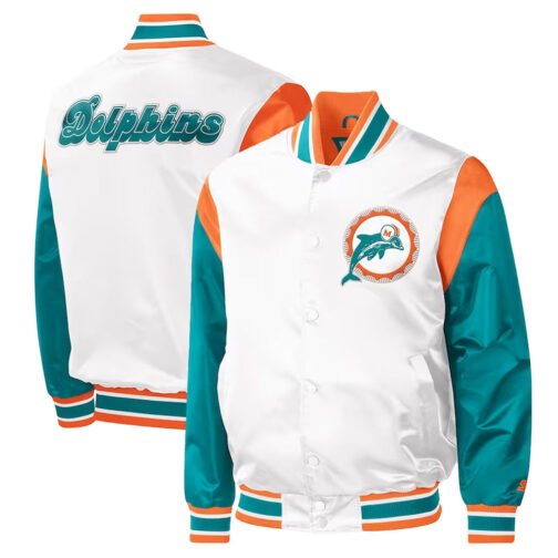 Miami Dolphins Throwback Warm Up Pitch White Satin Jacket - Image 3