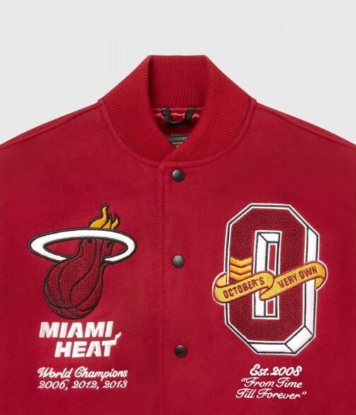 OVO Miami Heat Varsity Wool Burgundy Jacket - Image 4