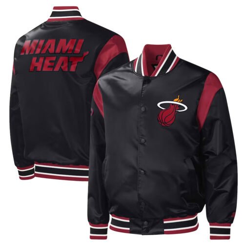 Black Miami Heat Force Play Varsity Satin Jacket - Image 3