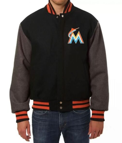 Varsity Miami Marlins Black and Grey Wool Jacket