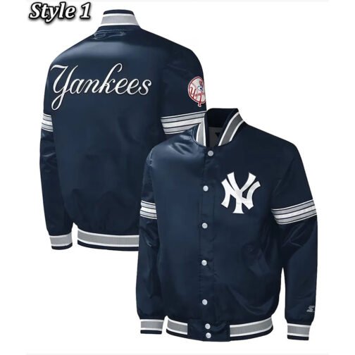 NY Yankees Midfield Navy Varsity Satin Jacket - Image 5