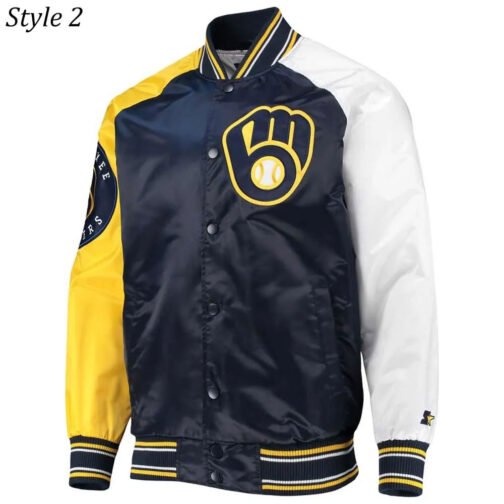 Milwaukee Brewers Gold and Navy Varsity Satin Jacket - Image 2