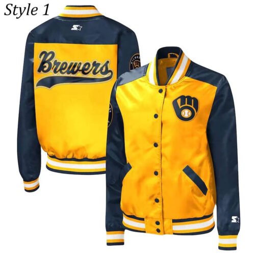 Milwaukee Brewers Gold and Navy Varsity Satin Jacket - Image 5