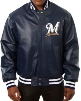 Varsity Milwaukee Brewers Navy Blue Leather Jacket