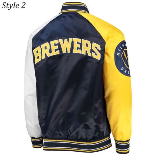 Milwaukee Brewers Gold and Navy Varsity Satin Jacket - Image 4