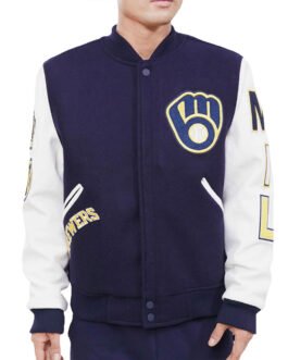 Milwaukee Brewers Blue and White Letterman Jacket