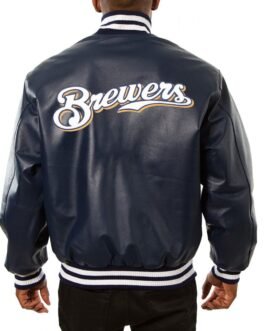 Varsity Milwaukee Brewers Navy Blue Leather Jacket