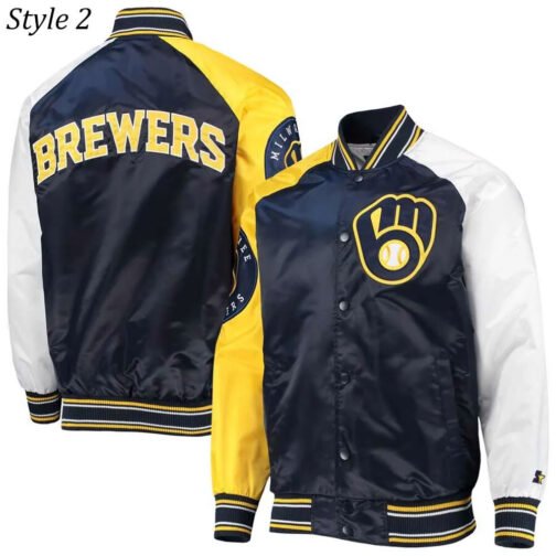 Milwaukee Brewers Gold and Navy Varsity Satin Jacket - Image 6