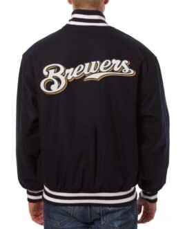 Navy Blue Milwaukee Brewers Handcrafted Logo Varsity Jacket