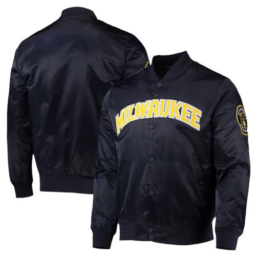 Milwaukee Brewers Wordmark Navy Satin Jacket - Image 3