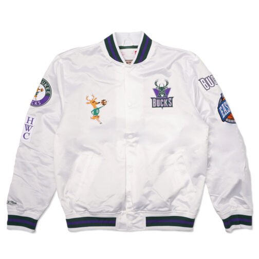 Milwaukee Bucks City Collection White Varsity Satin Jacket - Image 3