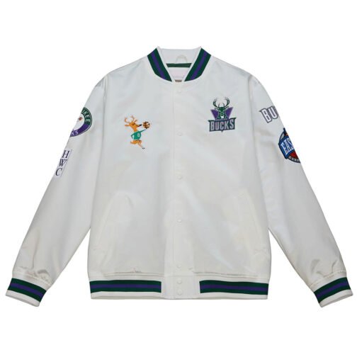 Milwaukee Bucks City Collection White Varsity Satin Jacket - Image 5