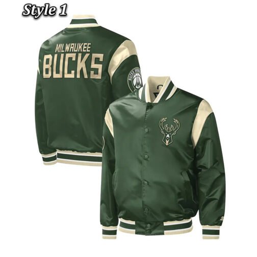 Milwaukee Bucks Force Play Varsity Hunter Green Satin Jacket - Image 5
