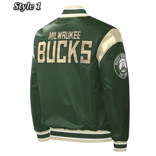 Milwaukee Bucks Force Play Varsity Hunter Green Satin Jacket - Image 3