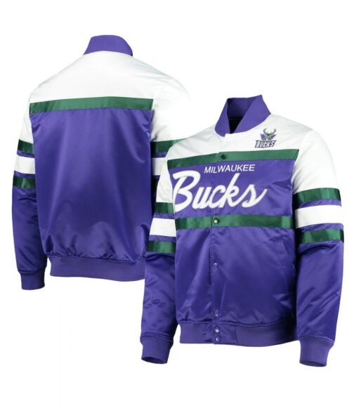 Hardwood Classics Script Milwaukee Bucks Purple Satin Jacket - Image 3