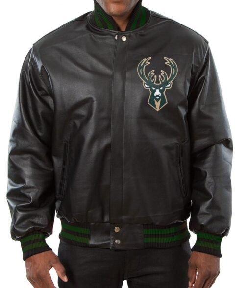 Milwaukee Bucks Black Leather Varsity  Jacket