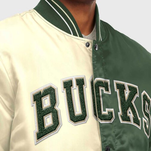 Varsity Milwaukee Bucks Off White/Green Satin Jacket - Image 3