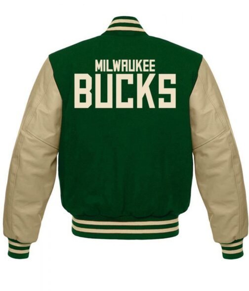 Milwaukee Bucks Letterman Beige and Green Jacket - Image 2