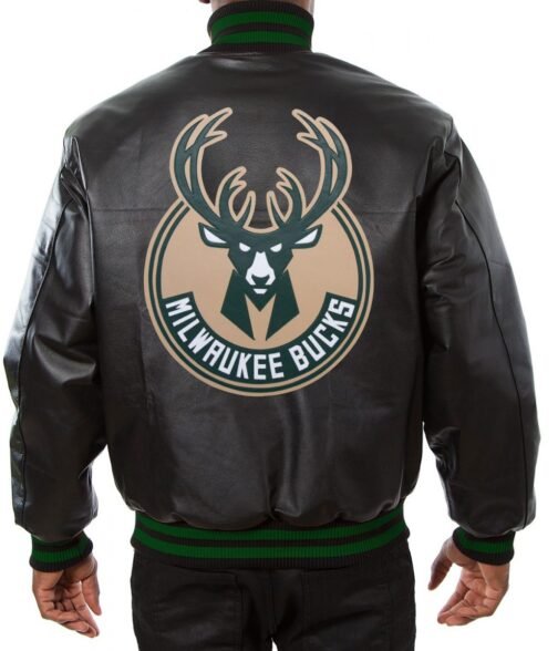 Milwaukee Bucks Black Leather Varsity  Jacket - Image 2