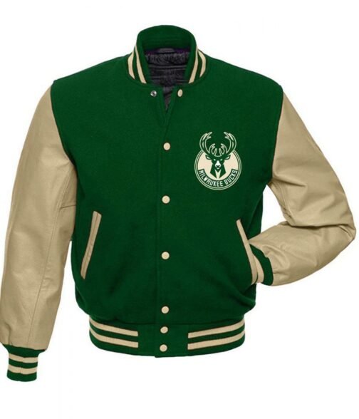 Milwaukee Bucks Letterman Beige and Green Jacket