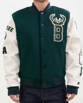 Letterman Milwaukee Bucks Green and White Jacket