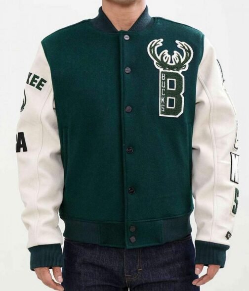 Letterman Milwaukee Bucks Green and White Jacket