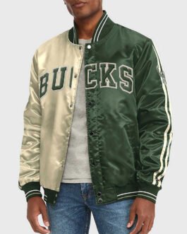 Varsity Milwaukee Bucks Off White/Green Satin Jacket