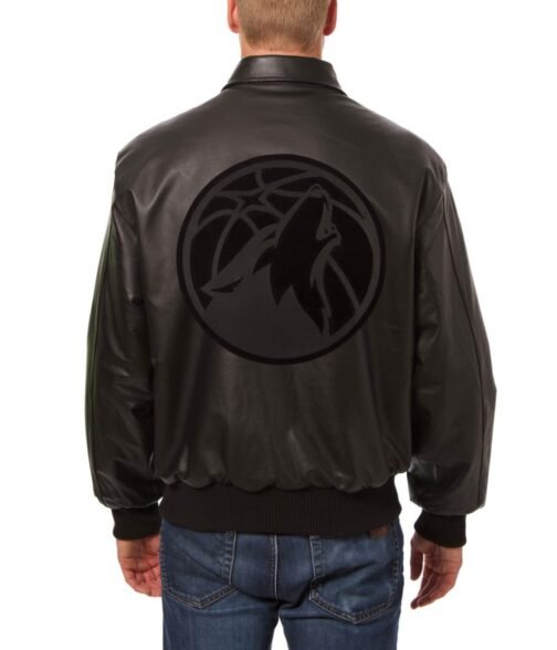 Minnesota Timberwolves Bomber Shirt Collar Black Leather Jacket - Image 2