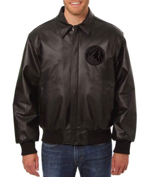 Minnesota Timberwolves Bomber Shirt Collar Black Leather Jacket