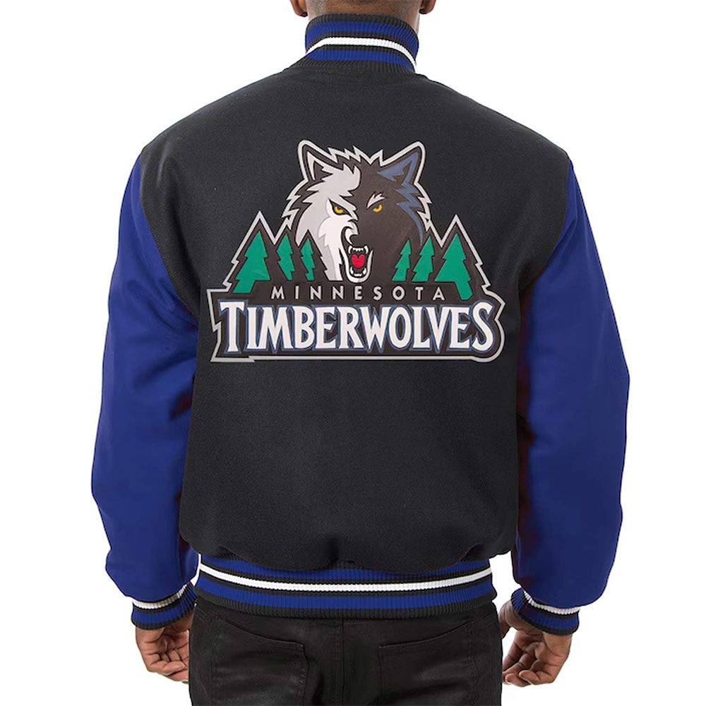 Minnesota Timberwolves Domestic Varsity Black and Royal Varsity Jacket - Image 2