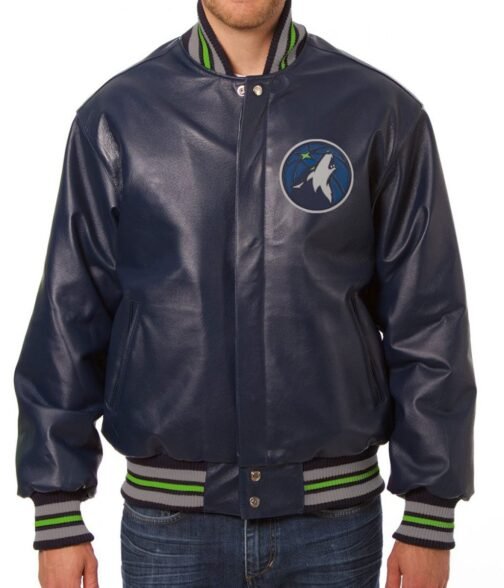 Varsity Minnesota Timberwolves Navy Blue Leather Jacket
