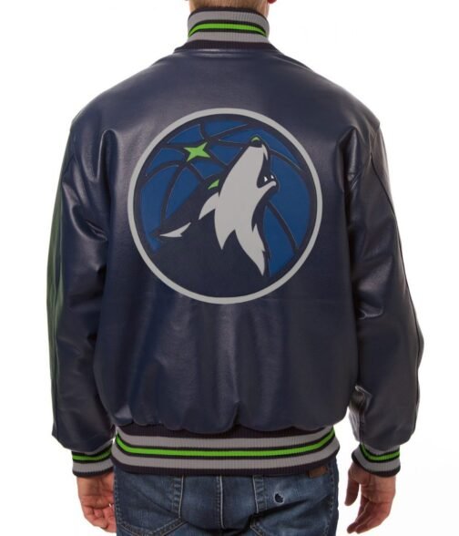 Varsity Minnesota Timberwolves Navy Blue Leather Jacket - Image 2