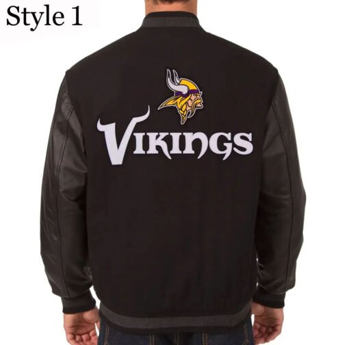Minnesota Vikings Varsity Black Wool and Leather Jacket - Image 3