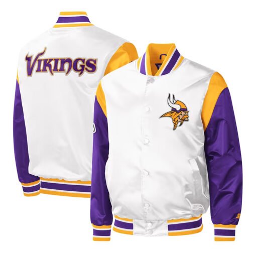 Minnesota Vikings Throwback Warm Up Pitch Varsity White/Purple Satin Jacket - Image 5
