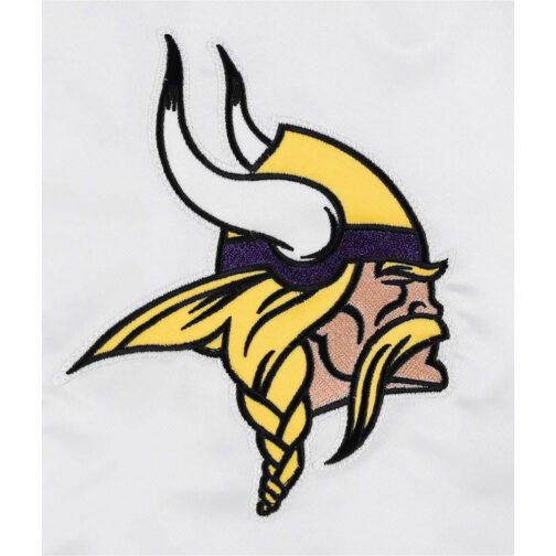 Minnesota Vikings Throwback Warm Up Pitch Varsity White/Purple Satin Jacket - Image 6