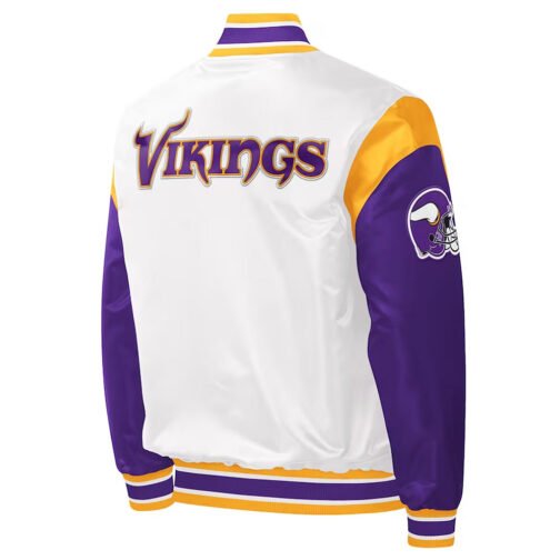 Minnesota Vikings Throwback Warm Up Pitch Varsity White/Purple Satin Jacket - Image 3