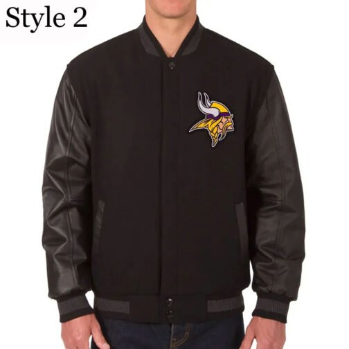 Minnesota Vikings Varsity Black Wool and Leather Jacket - Image 2