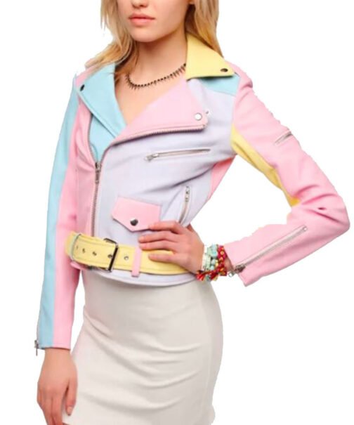 Women’s Moto Rainbow Pastel Faux Leather Jacket - Image 4