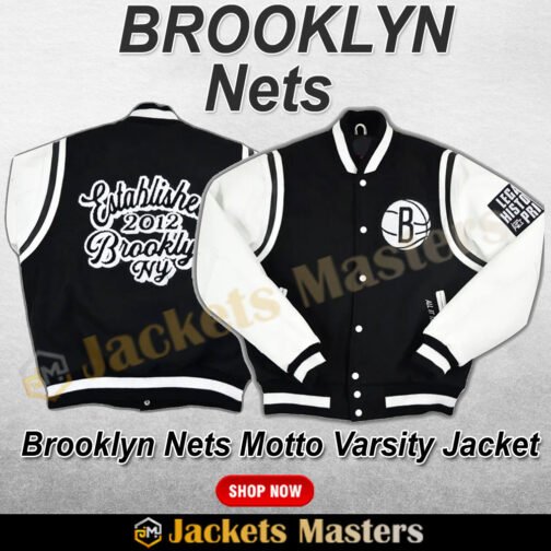 Brooklyn Nets Motto Black and White Varsity Jacket - Image 4