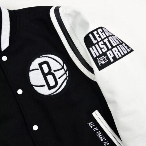 Brooklyn Nets Motto Black and White Varsity Jacket - Image 3