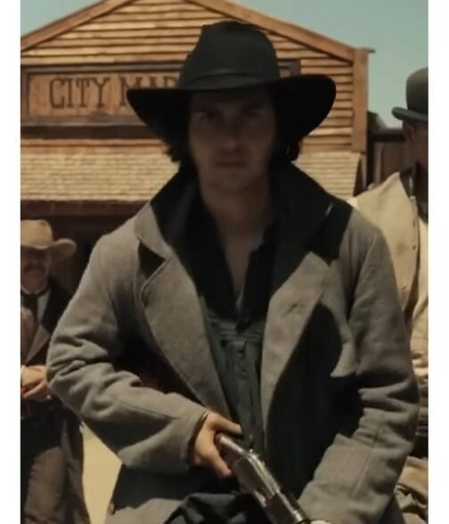 Murder at Yellowstone City Nat Wolff Grey Wool Coat - Image 2
