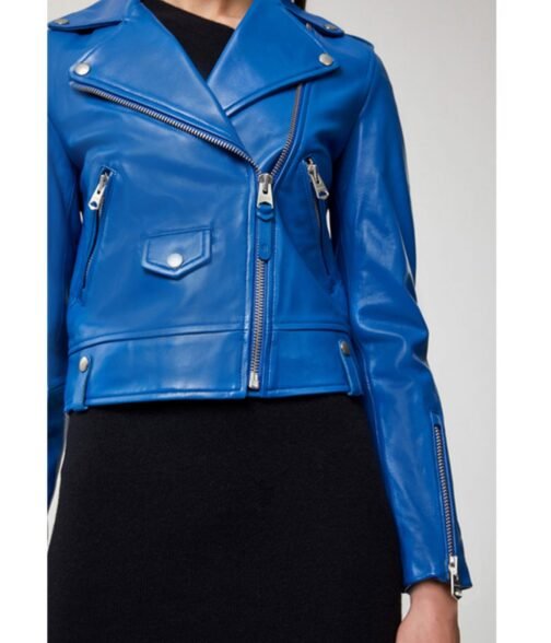 Leah Lewis Nancy Drew Blue Leather Biker Jacket - Image 4