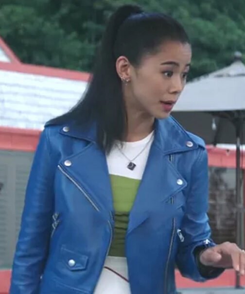 Leah Lewis Nancy Drew Blue Leather Biker Jacket - Image 2