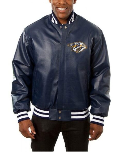 Nashville Predators Bomber Navy Blue Leather Jacket