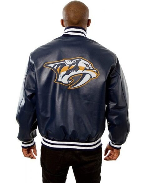 Nashville Predators Bomber Navy Blue Leather Jacket - Image 2