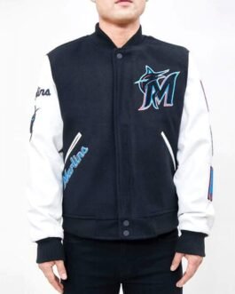 Letterman Miami Marlins Navy Blue and White Jacket